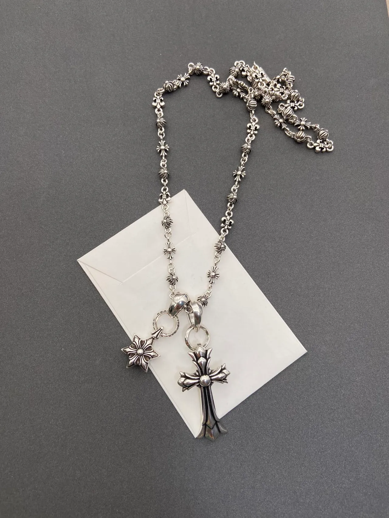 Chrome Hearts Collier Argent Chaîne à Maillons Fleur-de-Lis Pendentif Dual (Croix et Étoile) 6