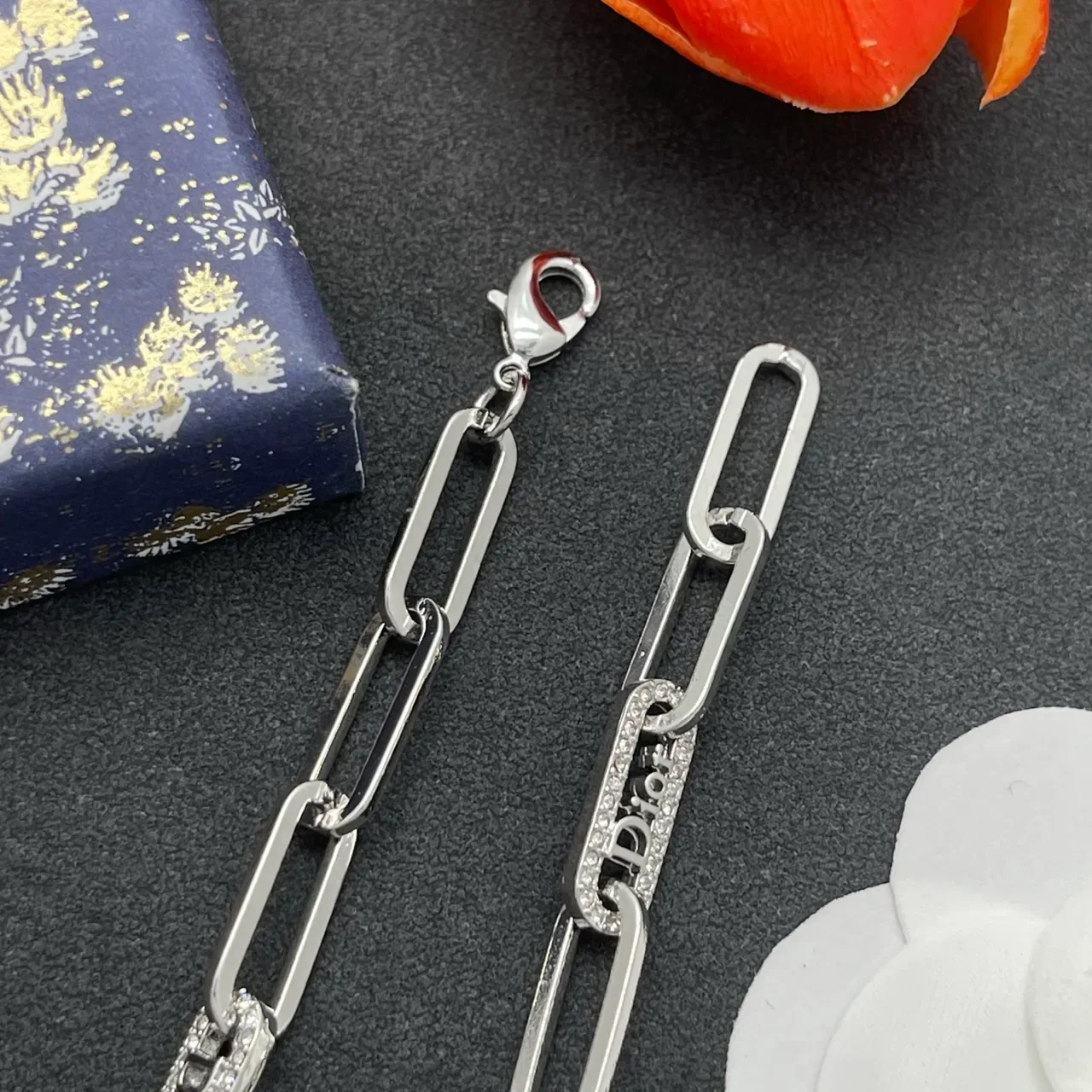 Dior Addict Bracelet Chaîne Paperclip Argent Transparents Cristaux Pavés 7