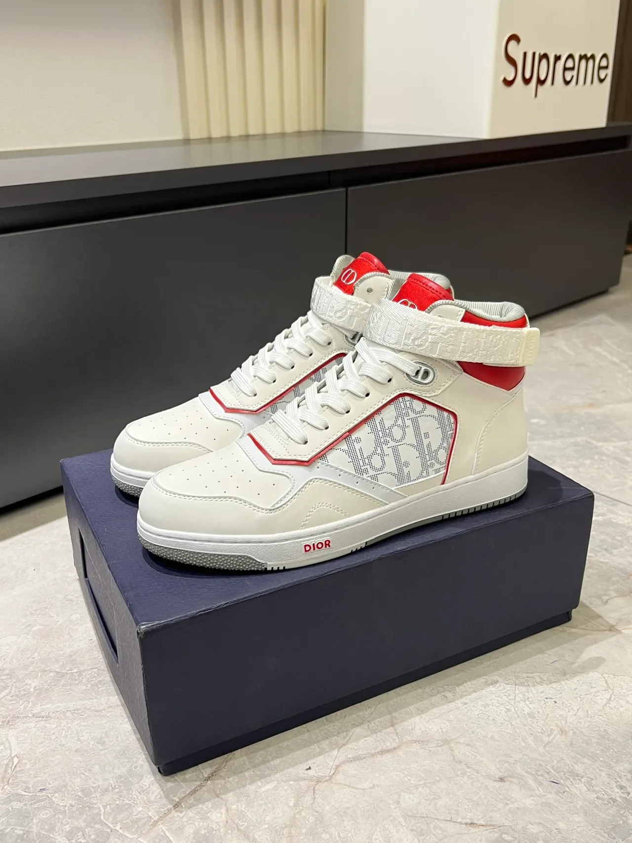 Dior B23 White and Red Monogram High-Top Lifestyle Sneakers 4
