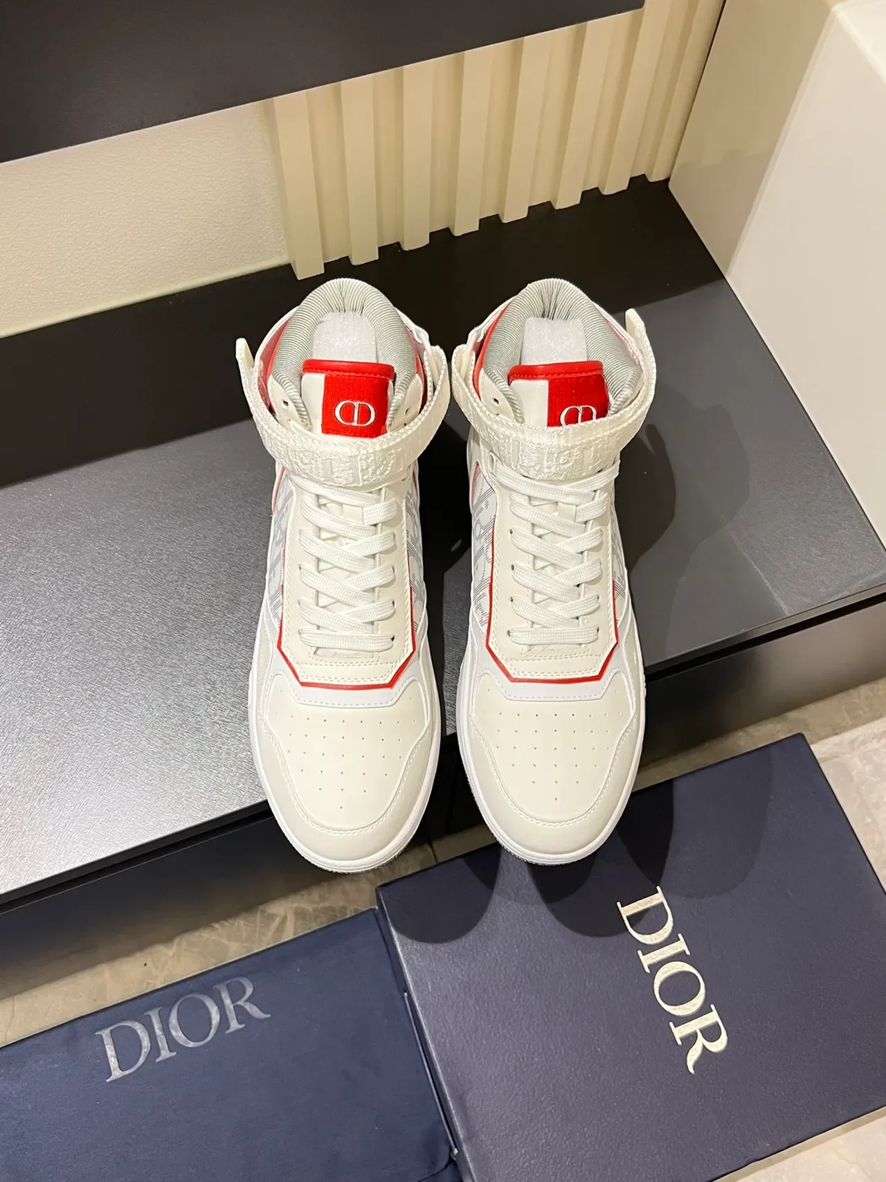 Dior B23 White and Red Monogram High-Top Lifestyle Sneakers 5