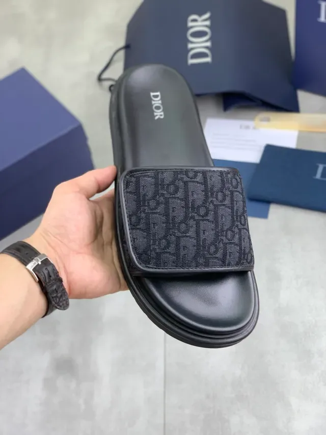 Dior B27 Black Beige Oblique Monogram Strap Thick Platform Sole Slippers 3