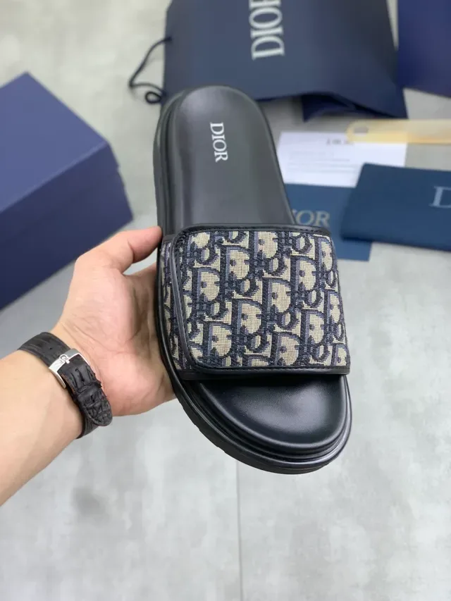 Dior B27 Black Beige Oblique Monogram Strap Thick Platform Sole Slippers 6