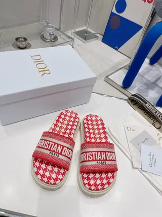 Dior B27 Slide Red and White Houndstooth Slippers 5