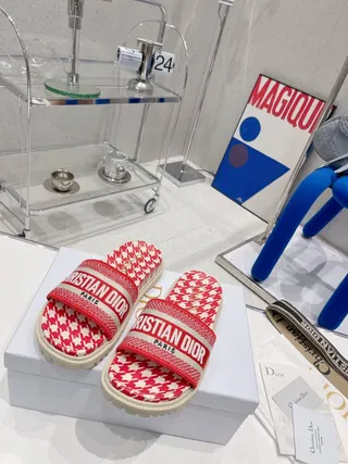 Dior B27 Slide Red and White Houndstooth Slippers 6