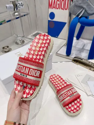 Dior B27 Slide Red and White Houndstooth Slippers 8