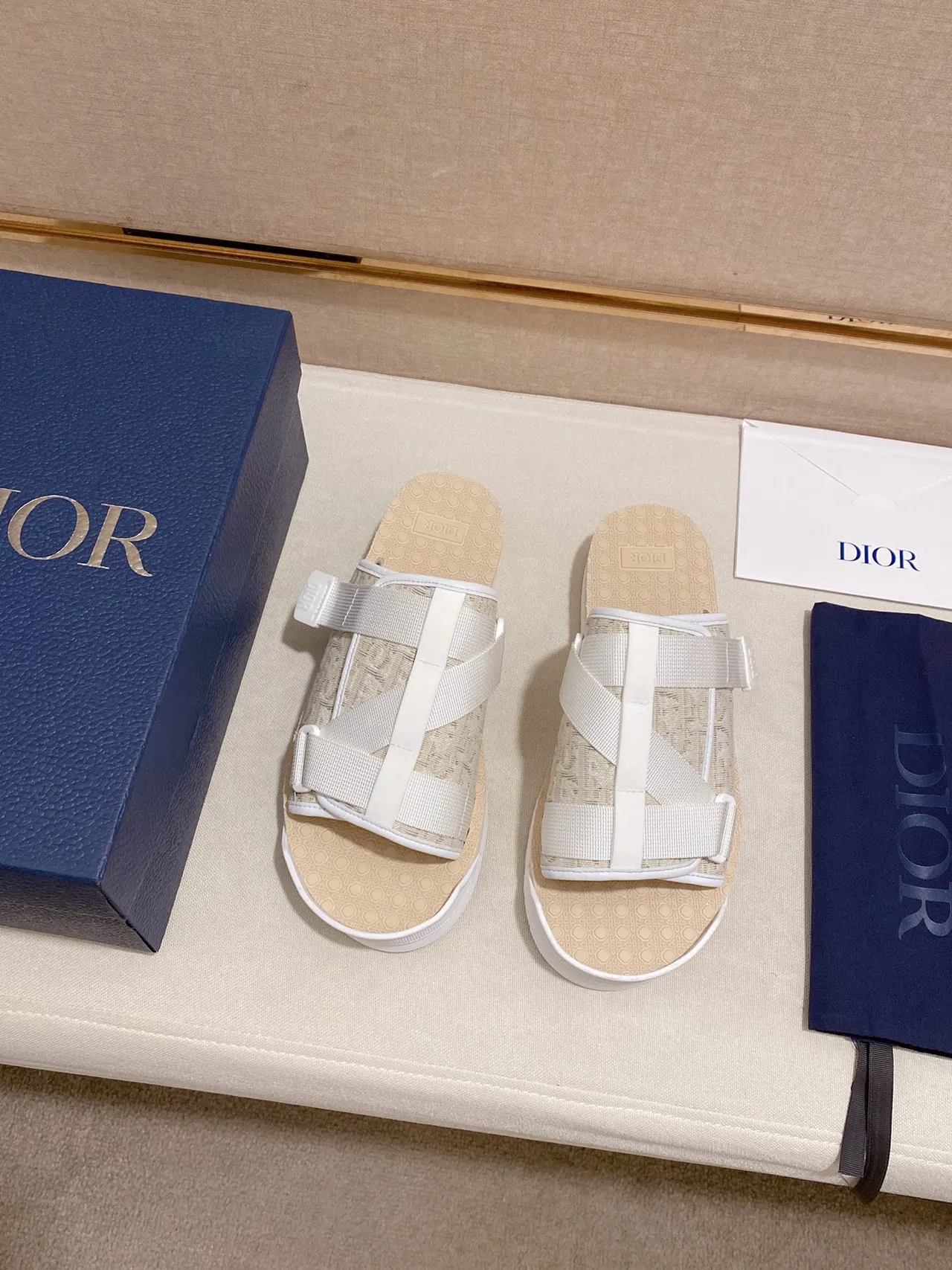 Dior B27 White and Beige Woven Strap Platform Slippers 3