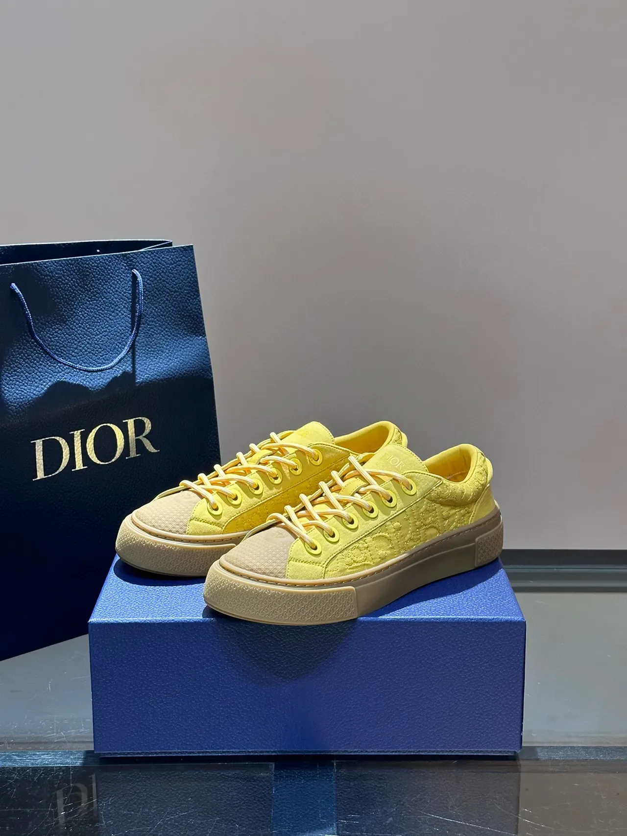 Dior B27 पीला भूरा एम्बॉस्ड मोनोग्राम ऊपरी लो-टॉप प्लेटफॉर्म सिल्हूट लाइफस्टाइल स्नीकर 8