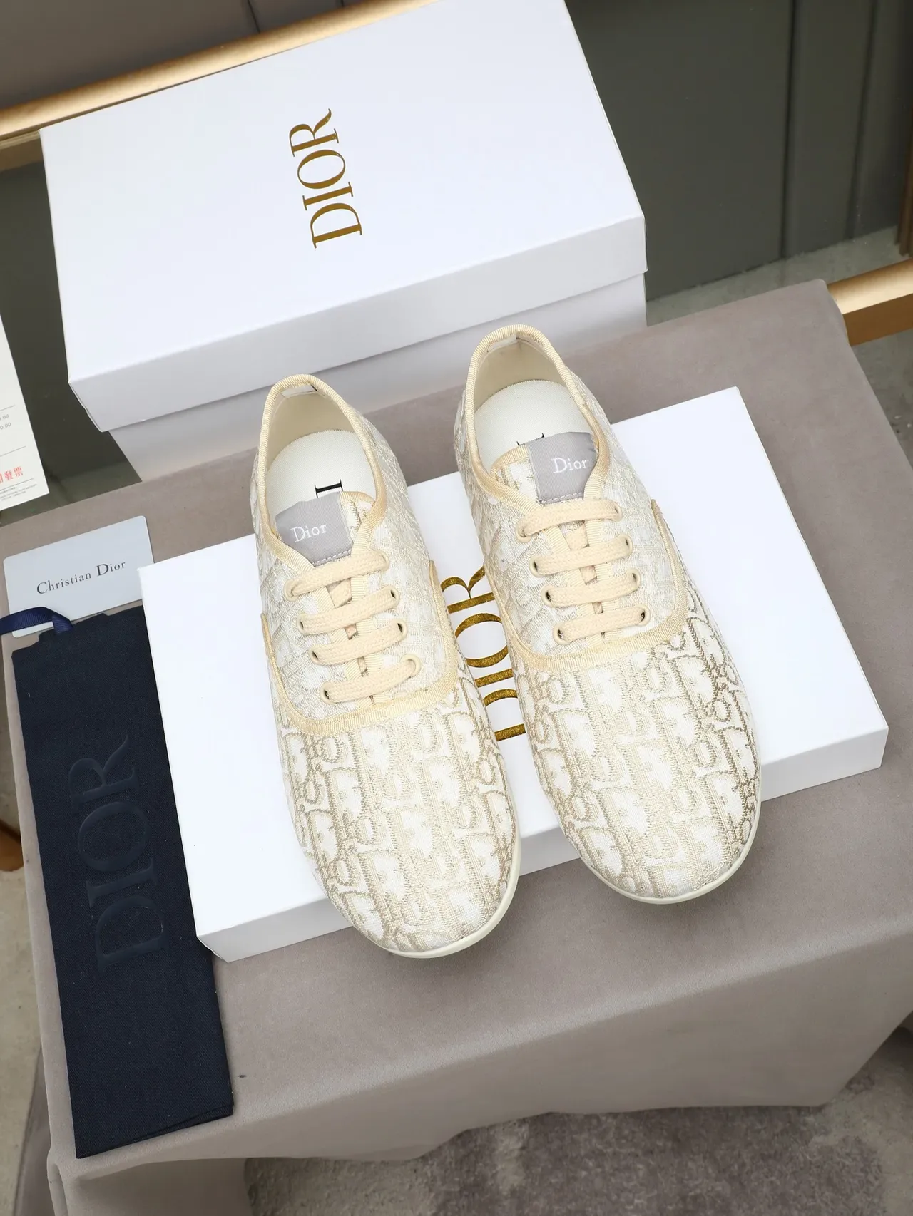 Dior Beige White Monogram Jacquard Upper Low-Top Lace-Up Lifestyle Sneakers 2