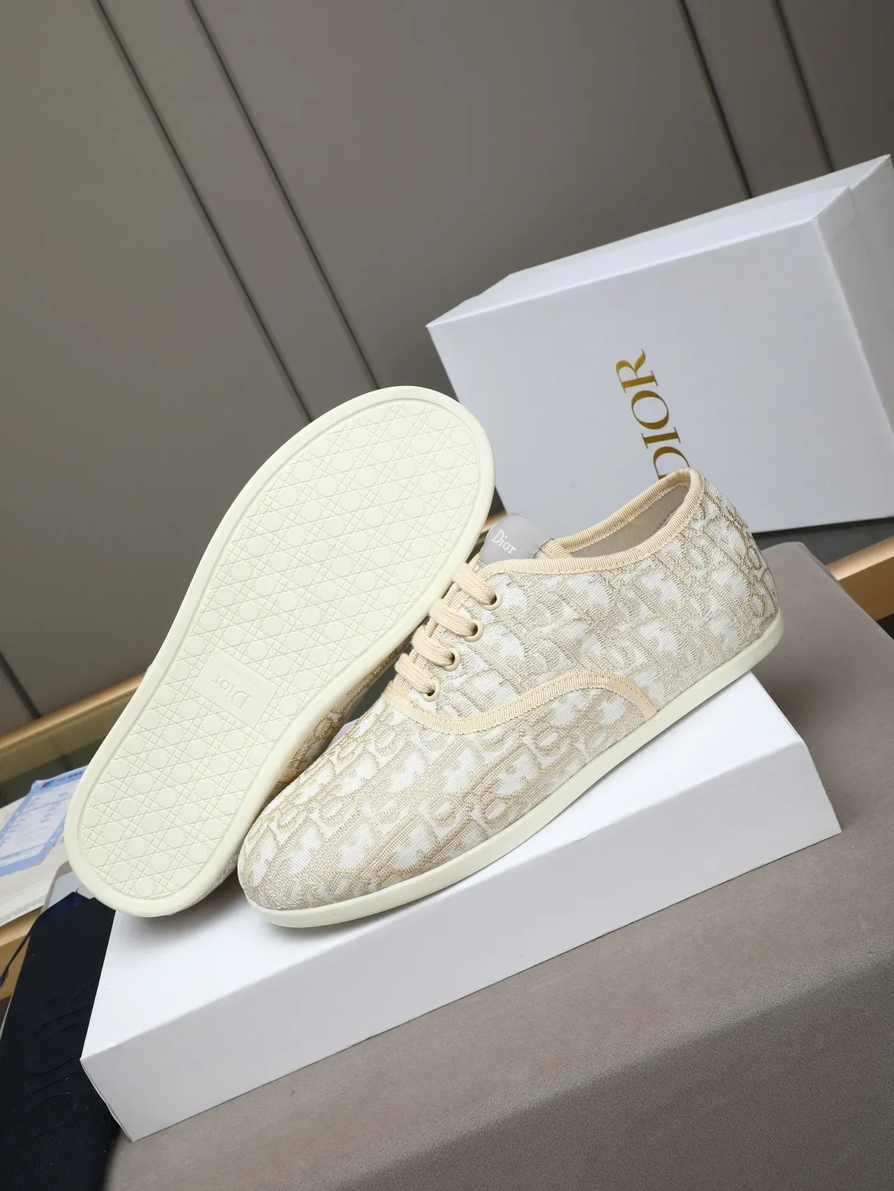Dior Beige White Monogram Jacquard Upper Low-Top Lace-Up Lifestyle Sneakers 4