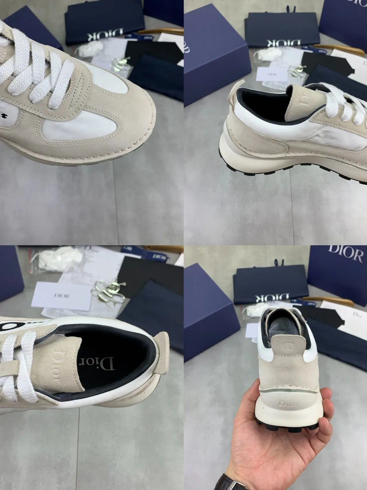 Tênis lifestyle Dior bege branco suede nylon painéis patch logo circular 2