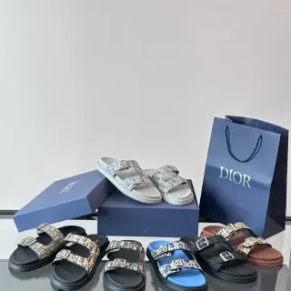 Dior Black Beige Double-Strap Buckle-Fastened Slippers
