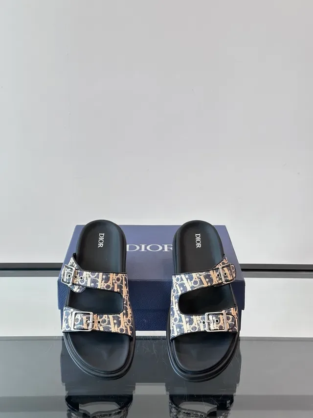 Dior Black Beige Double-Strap Buckle-Fastened Slippers 10