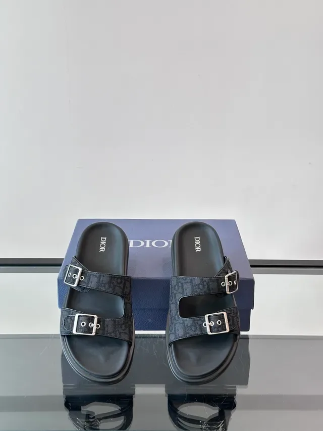 Dior Black Beige Double-Strap Buckle-Fastened Slippers 11