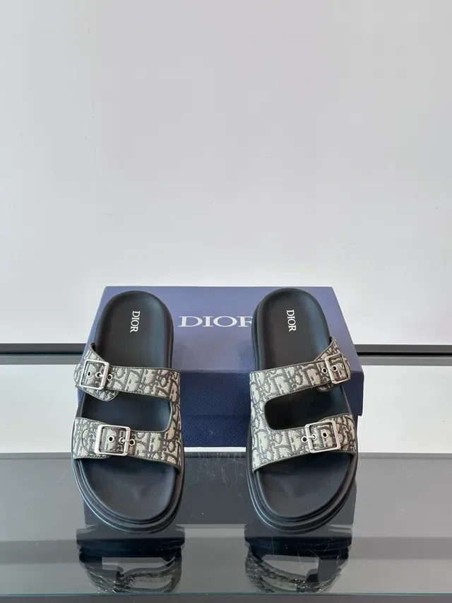 Dior Black Beige Double-Strap Buckle-Fastened Slippers 14