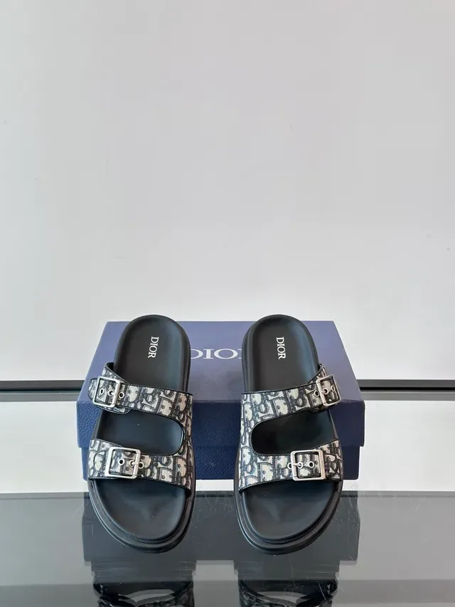 Dior Black Beige Double-Strap Buckle-Fastened Slippers 15