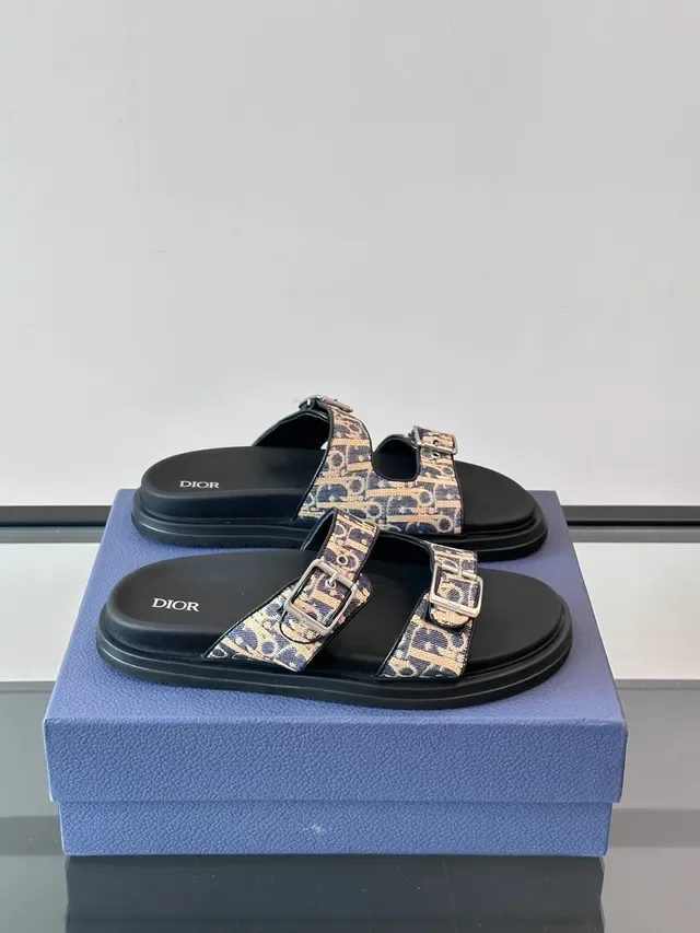 Dior Black Beige Double-Strap Buckle-Fastened Slippers 17