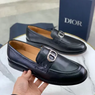 Dior Black Beige Leather D-Shaped Metal Buckle Loafer
