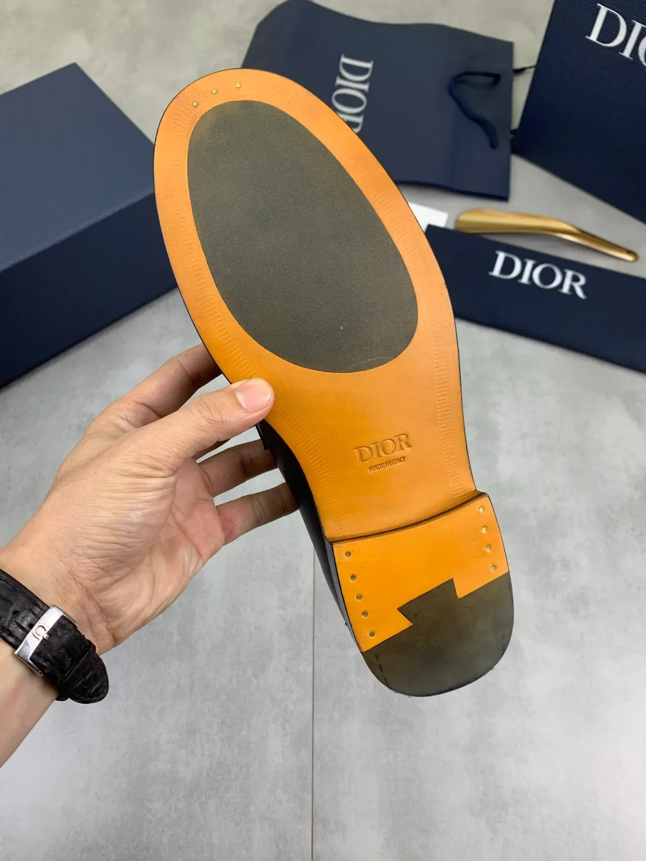 Dior Black Beige Leather D-Shaped Metal Buckle Loafer 4