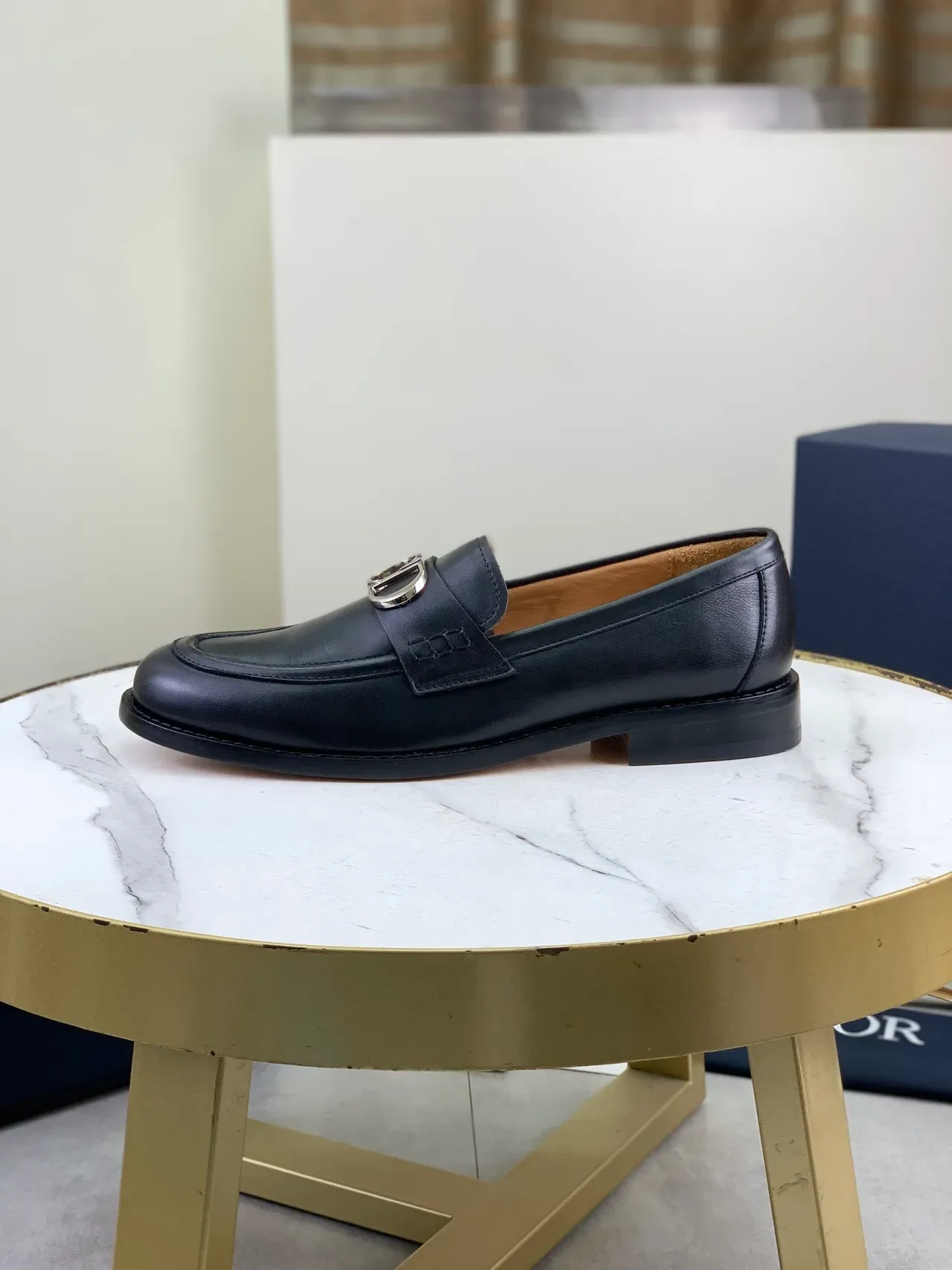 Dior Black Beige Leather D-Shaped Metal Buckle Loafer 6