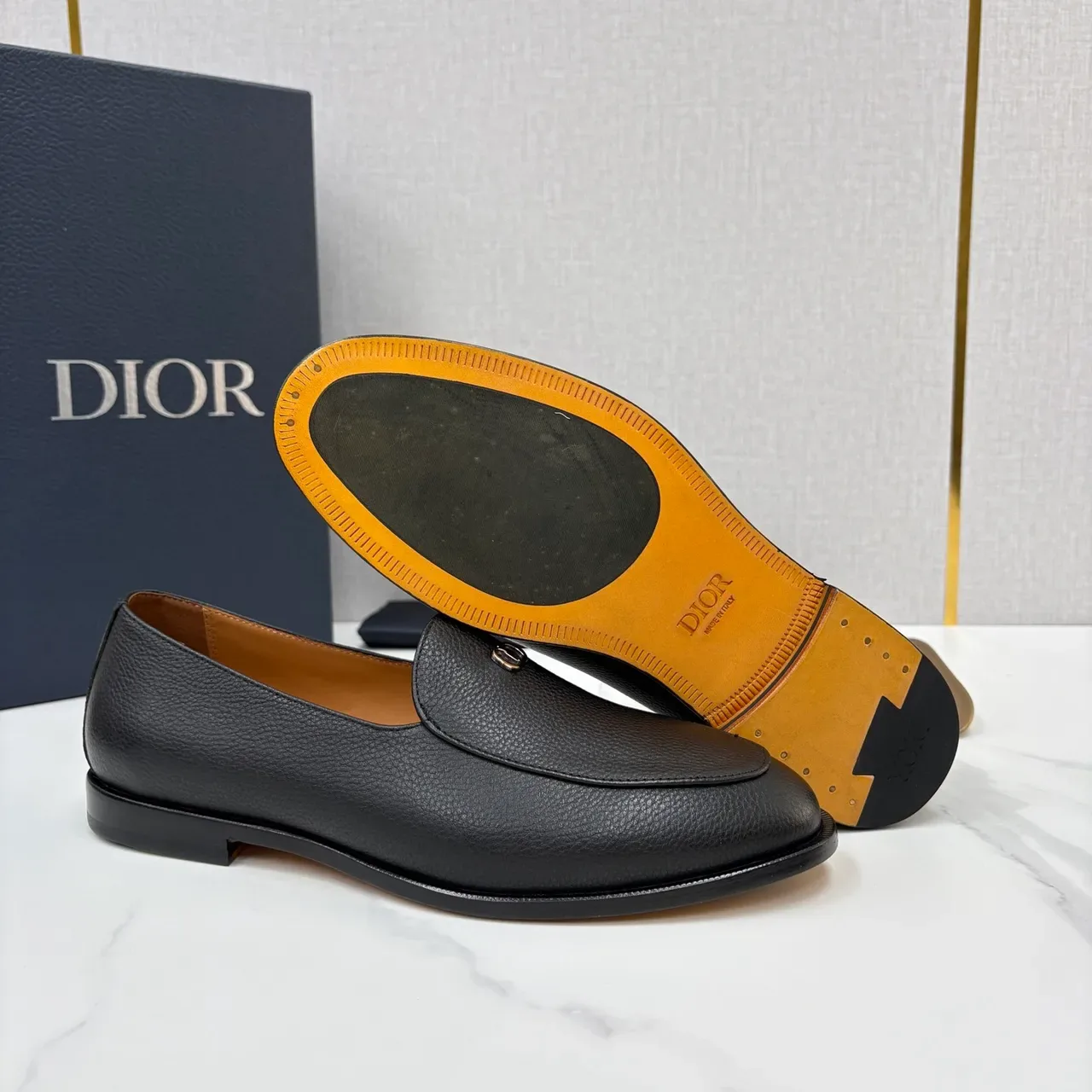 Dior Black Brown Pebbled Leather Metal CD Buckle Loafer 2