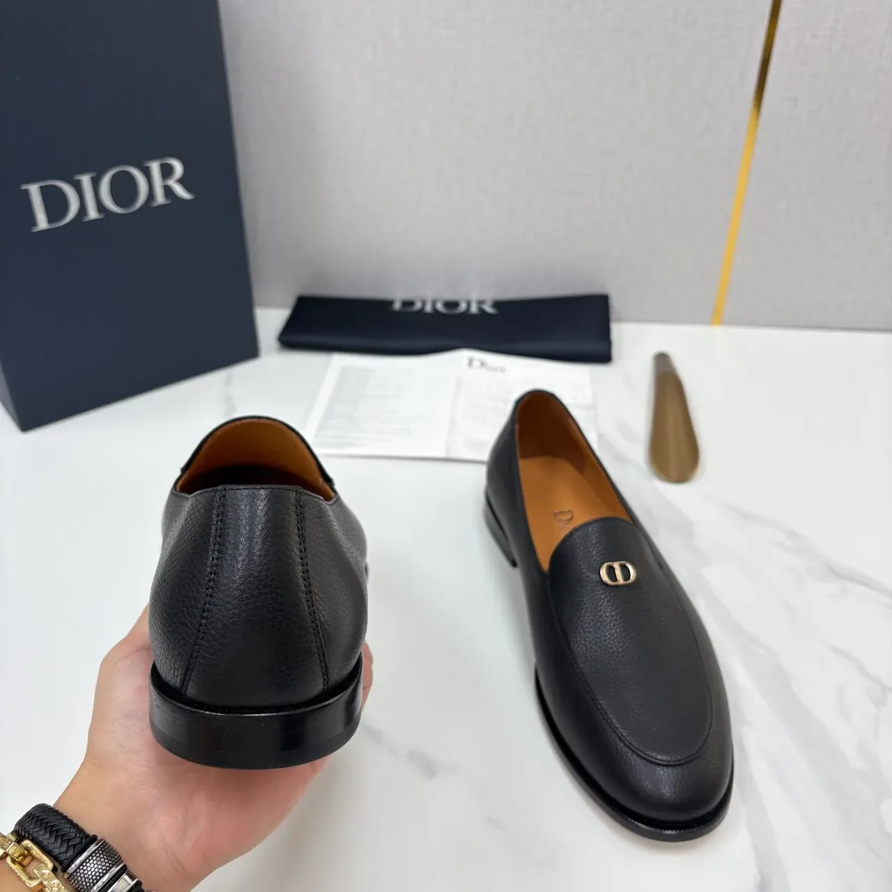 Dior Black Brown Pebbled Leather Metal CD Buckle Loafer 3
