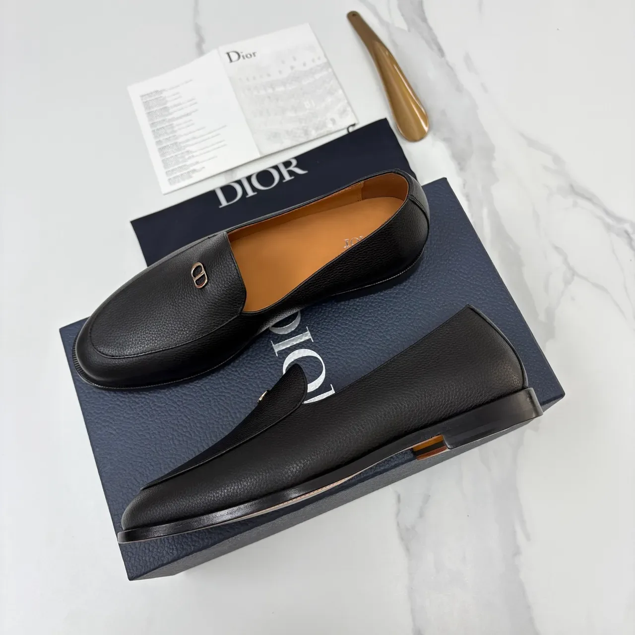 Dior Black Brown Pebbled Leather Metal CD Buckle Loafer 4