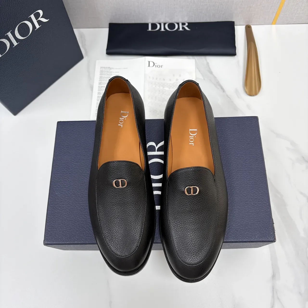Dior Black Brown Pebbled Leather Metal CD Buckle Loafer 5