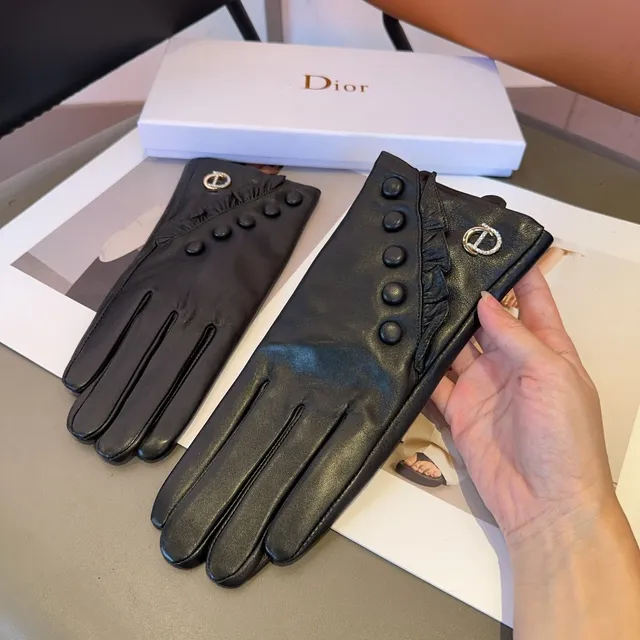 Dior Black Button-Accented Back Leather Gloves 5