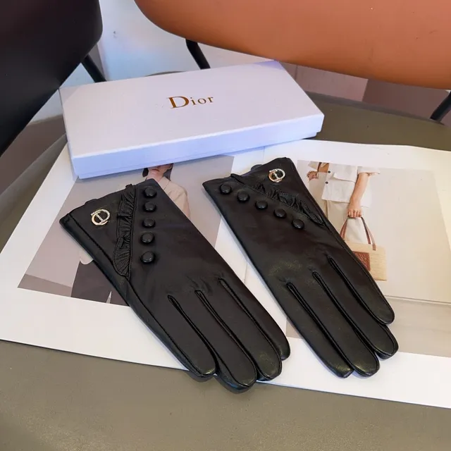 Dior Black Button-Accented Back Leather Gloves 7