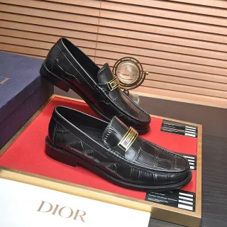 Dior Black Gold Crocodile-Embossed Leather Plaque Detail Loafer