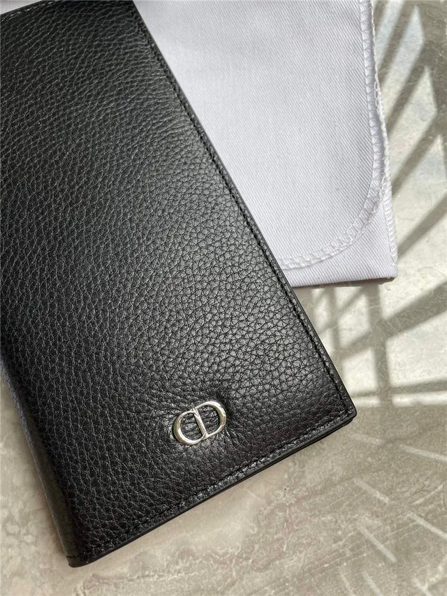Dior Black Gold Grained Leather CD Logo Plaque Long Wallet 6