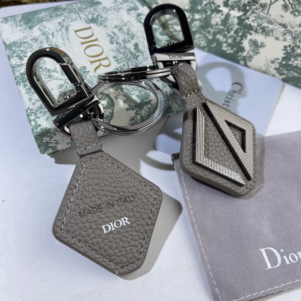 Dior Black Gray Leather Keychain Geometric D Motif Phone Case 4