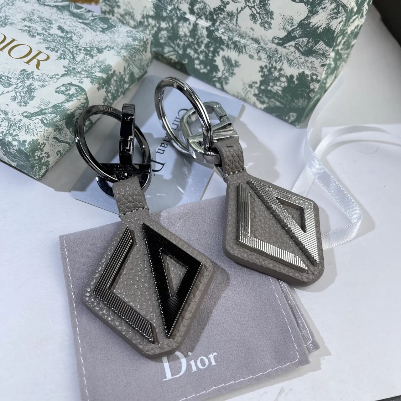Dior Black Gray Leather Keychain Geometric D Motif Phone Case 6