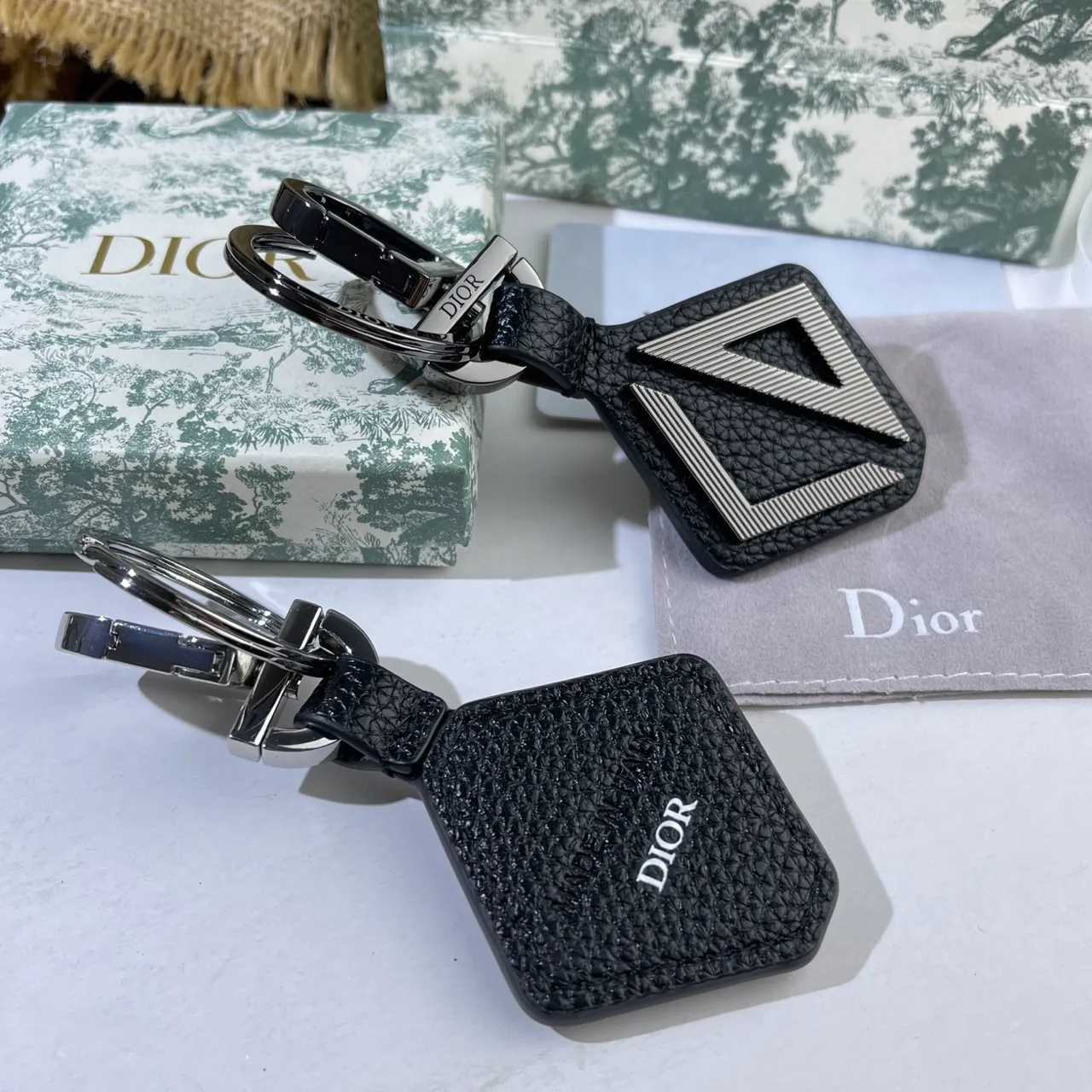 Dior Black Gray Leather Keychain Geometric D Motif Phone Case 12