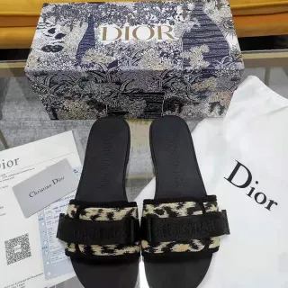 Dior Black Multicolor Leopard-Print Fabric Elastic Strap Slippers