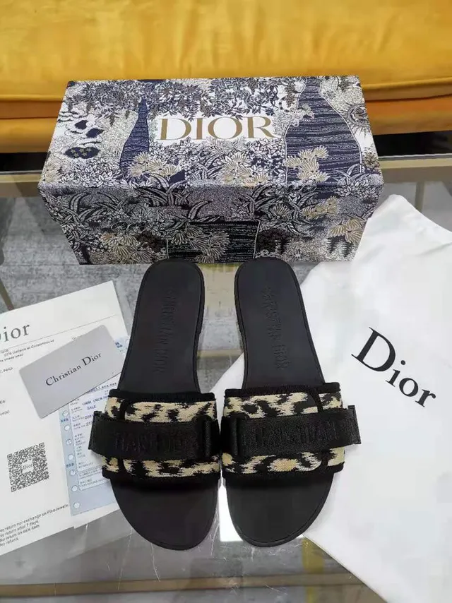 Dior Black Multicolor Leopard-Print Fabric Elastic Strap Slippers 1