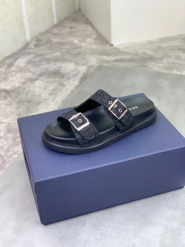 Dior Black Silver Double-Buckle Oblique Jacquard Straps Slippers 4