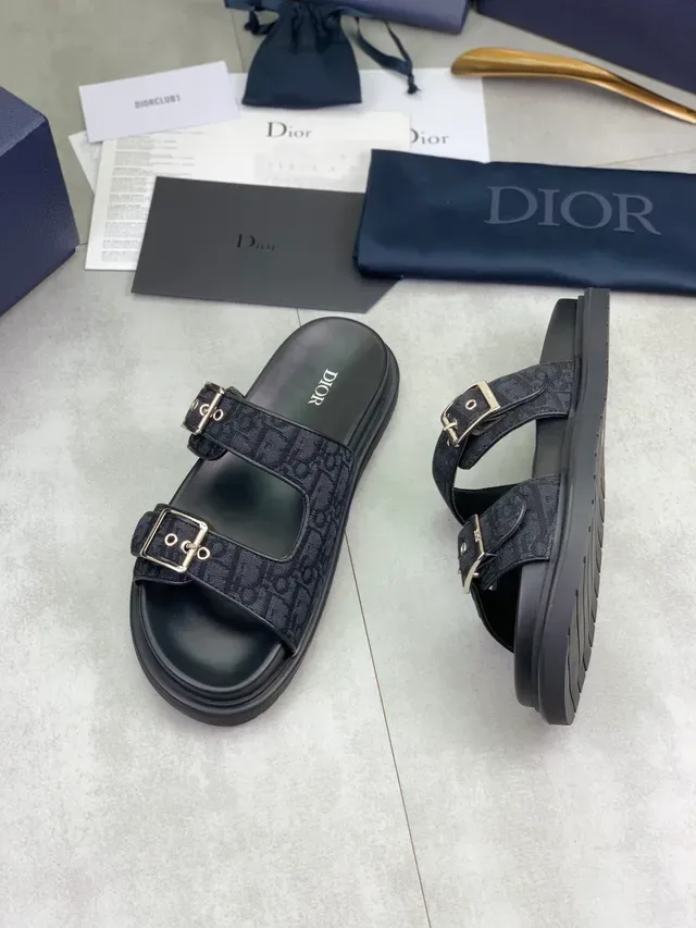 Dior Black Silver Double-Buckle Oblique Jacquard Straps Slippers 5