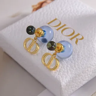 Dior Blue Gold Boucles d'oreilles à double perle pendentif CD Logo Charm