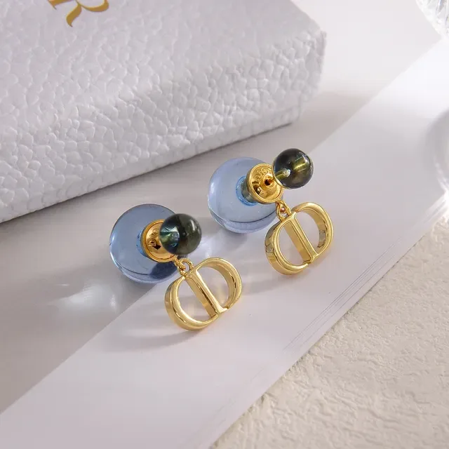 Dior Blue Gold Double-Bead Stud Dangling CD Logo Charm Earrings 2