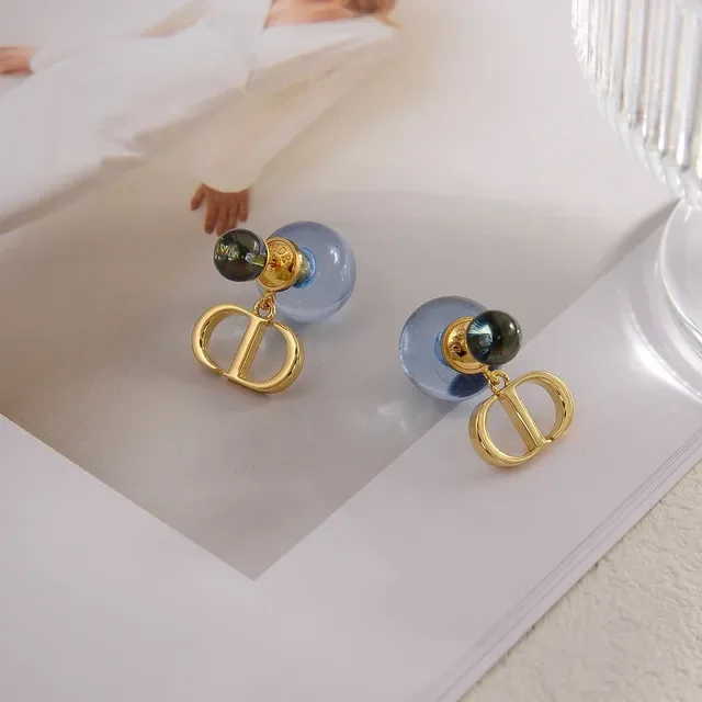 Dior Blue Gold Double-Bead Stud Dangling CD Logo Charm Earrings 3