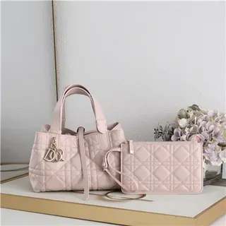 Dior Book Tote Pink Quilted Diamond Stitching Rolled Leather Handles Tote Bag