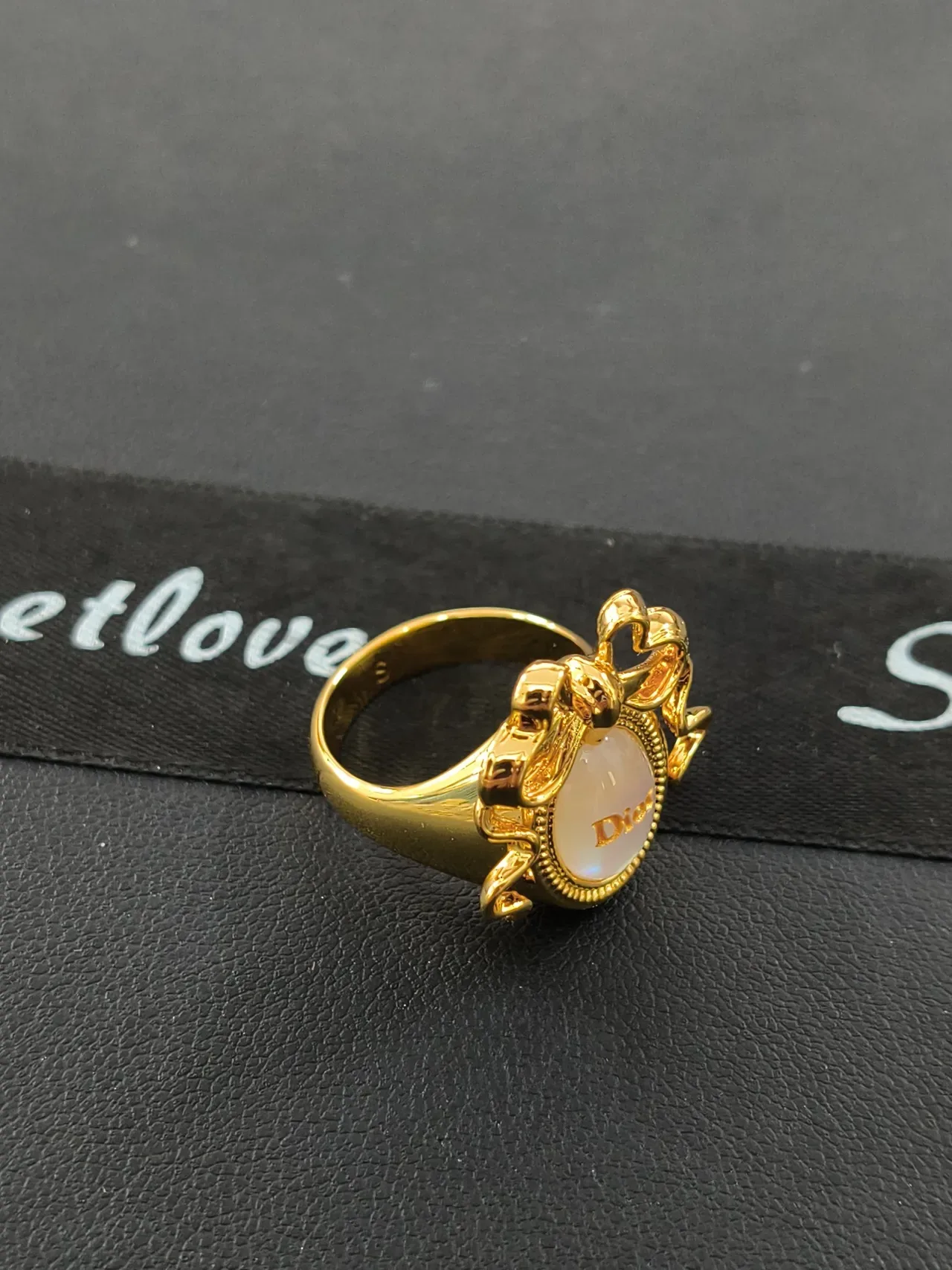 Dior Bow Motif Gold-Tone Oval Cabochon Ring 2