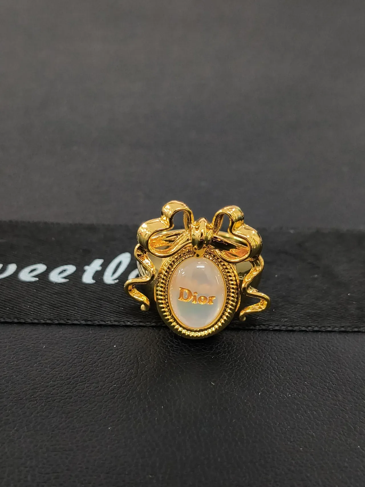 Dior Bow Motif Gold-Tone Oval Cabochon Ring 3