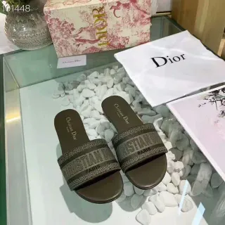 Dior Brown Beige Woven Metallic Strap Embossed Branding Slippers