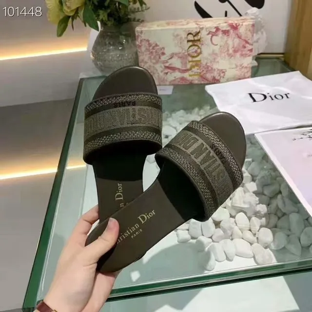 Dior Brown Beige Woven Metallic Strap Embossed Branding Slippers 3