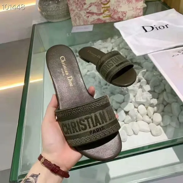 Dior Brown Beige Woven Metallic Strap Embossed Branding Slippers 4