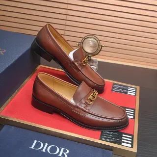 Dior Brown Gold Polished Leather Chain-Link Strap Loafer