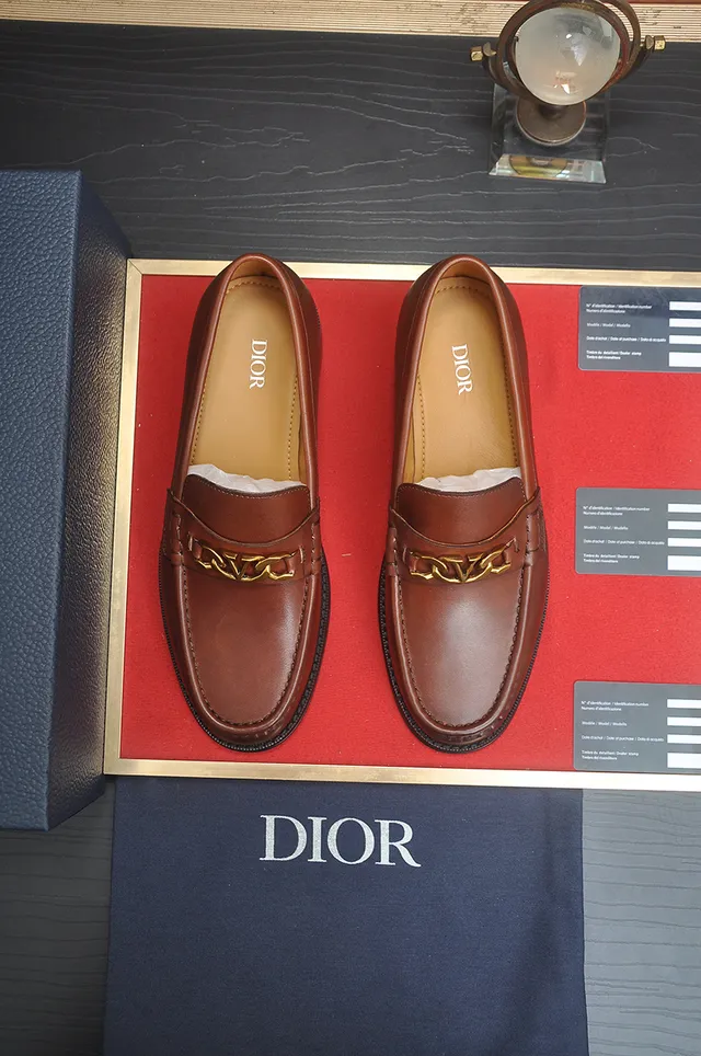 Dior Brown Gold Polished Leather Chain-Link Strap Loafer 5
