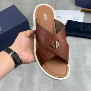 Dior Brown White Ostrich-Textured Leather Crossed Straps Slippers